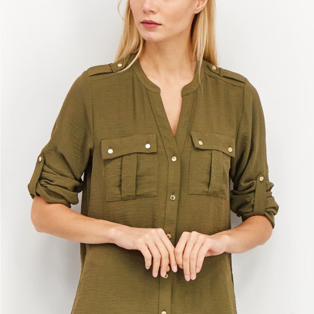 Calvin Klein Green Button Down Shirt with Mandarin Collar